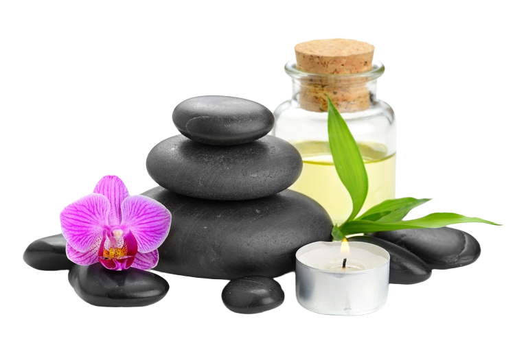 Black spa stones, orchid, oil bottle, candle, and bamboo sprig.