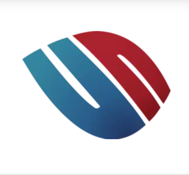 A blue and red logo on a white background