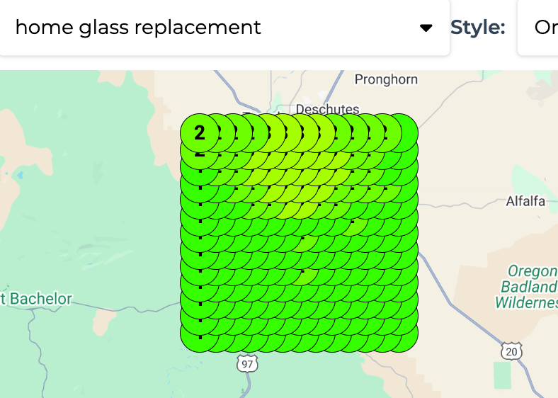 A green square on a map that says home glass replacement