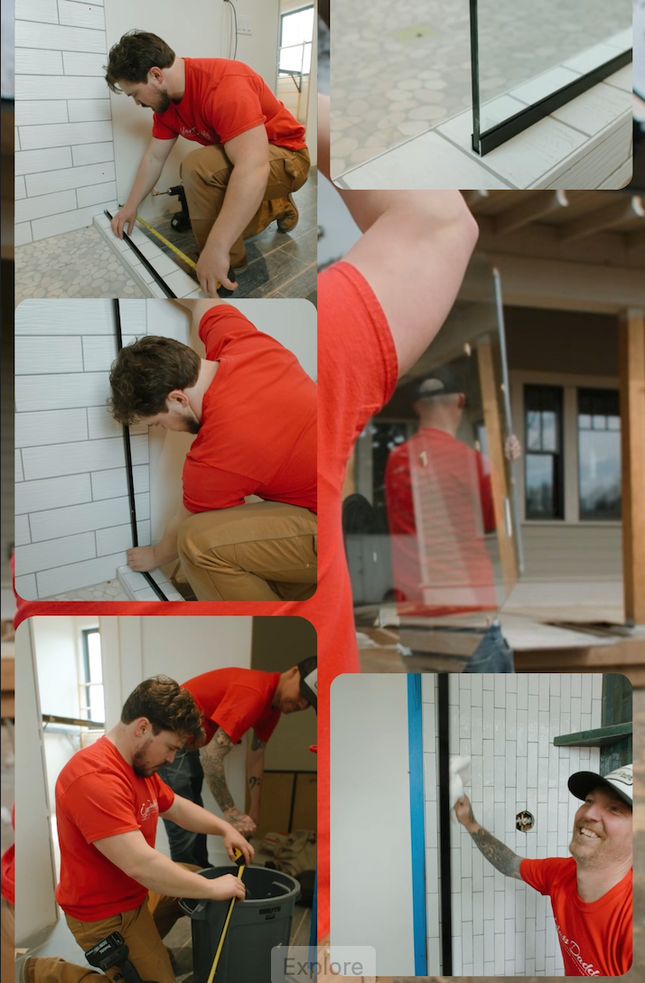 Construction worker in red shirt installs tile, using tools.