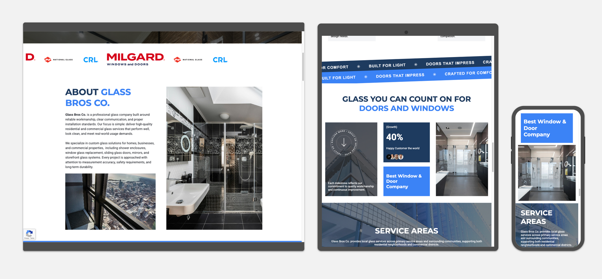 Website design displayed on a laptop, tablet, and smartphone. The website showcases glass projects with blue accents.