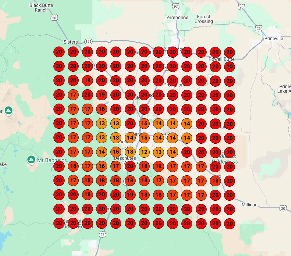 A map with a lot of red dots on it