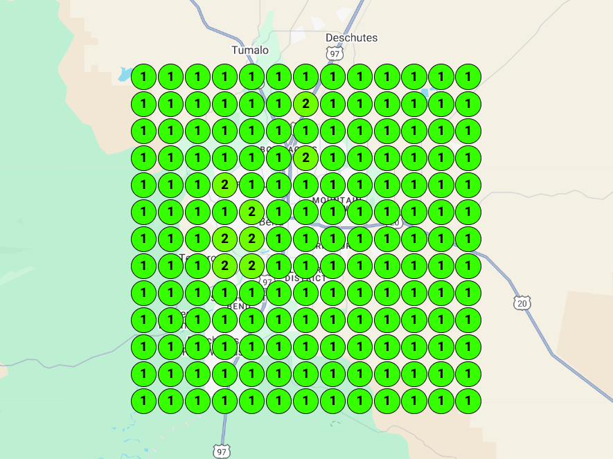 A map with a lot of green circles on it