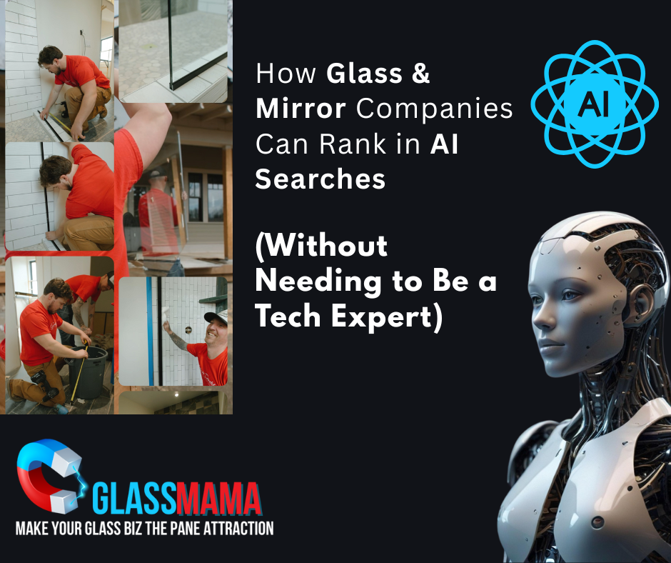Advertisement: Glass and mirror company promotion showing workers, AI logo, and text: 