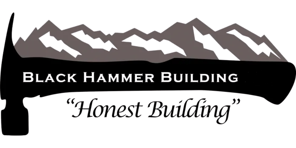 Black hammer logo with mountains, hammer outline, and text "Black Hammer Building." Quote: "Honest Building."