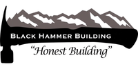 Black hammer logo with mountains, hammer outline, and text "Black Hammer Building." Quote: "Honest Building."