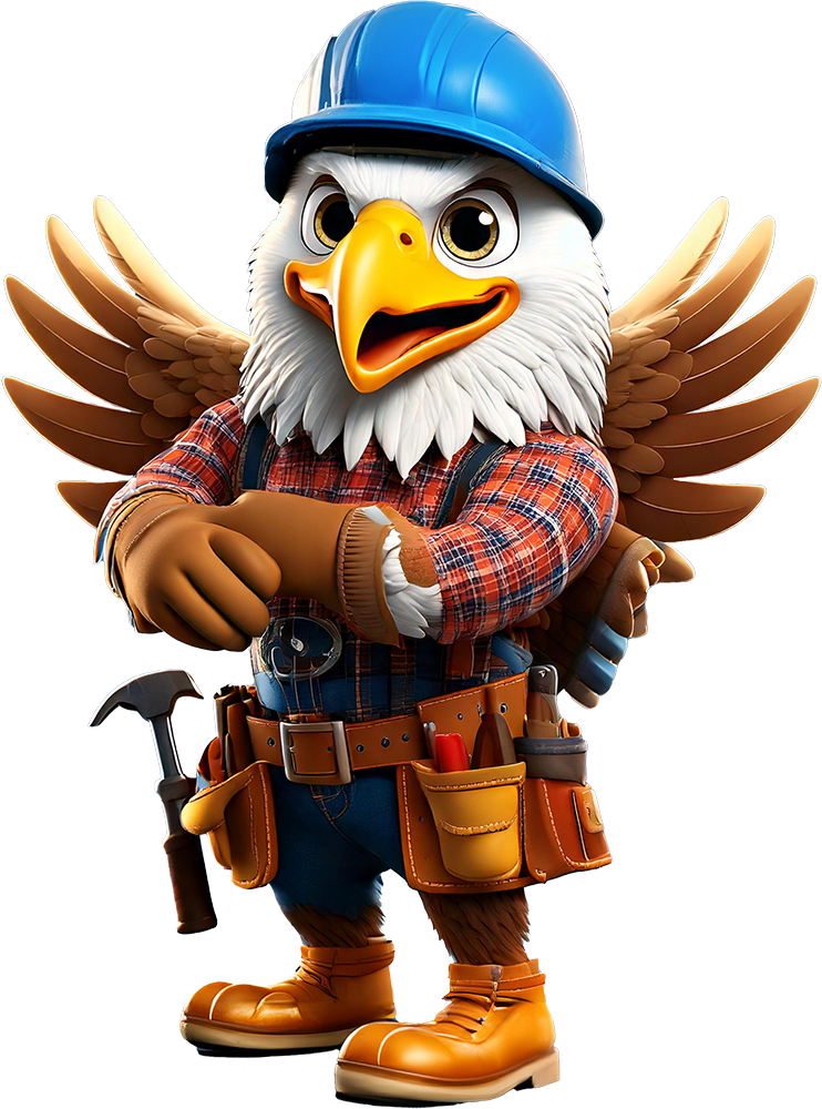 A bald eagle is wearing a hard hat and holding a hammer.