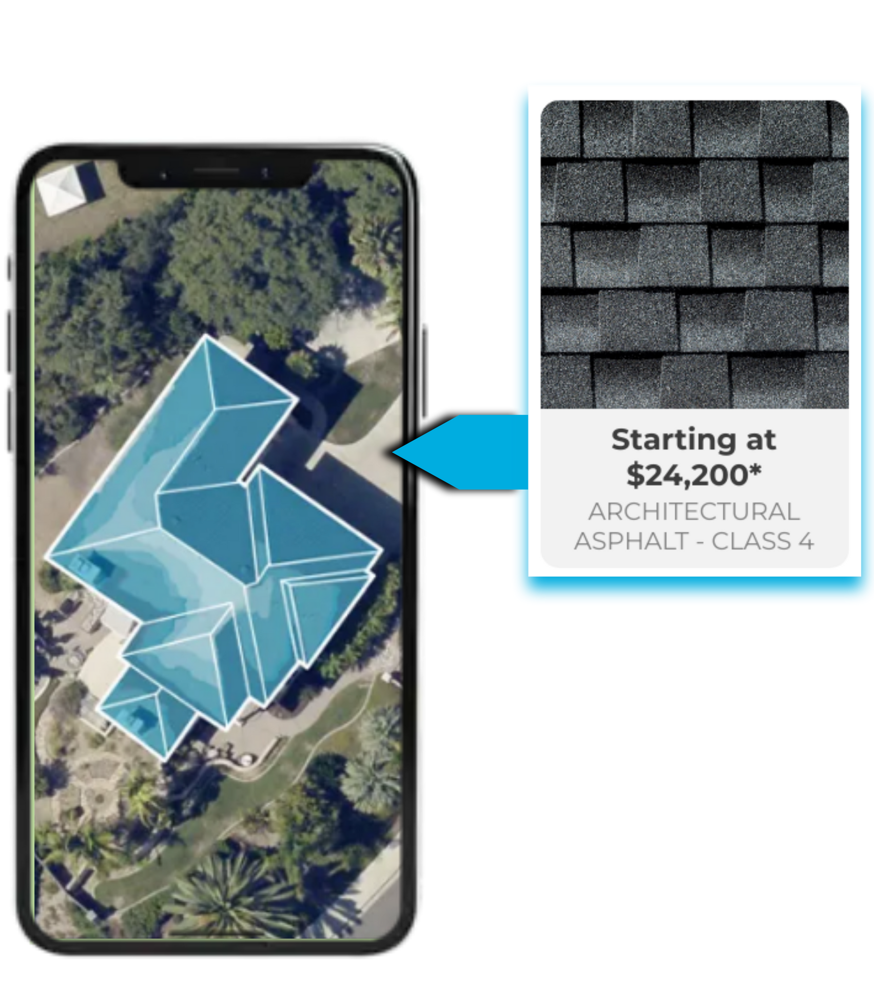 A cell phone with an aerial view of a house and a picture of a roof.