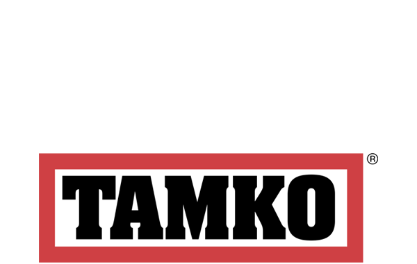 A red and white logo for tamko on a white background.