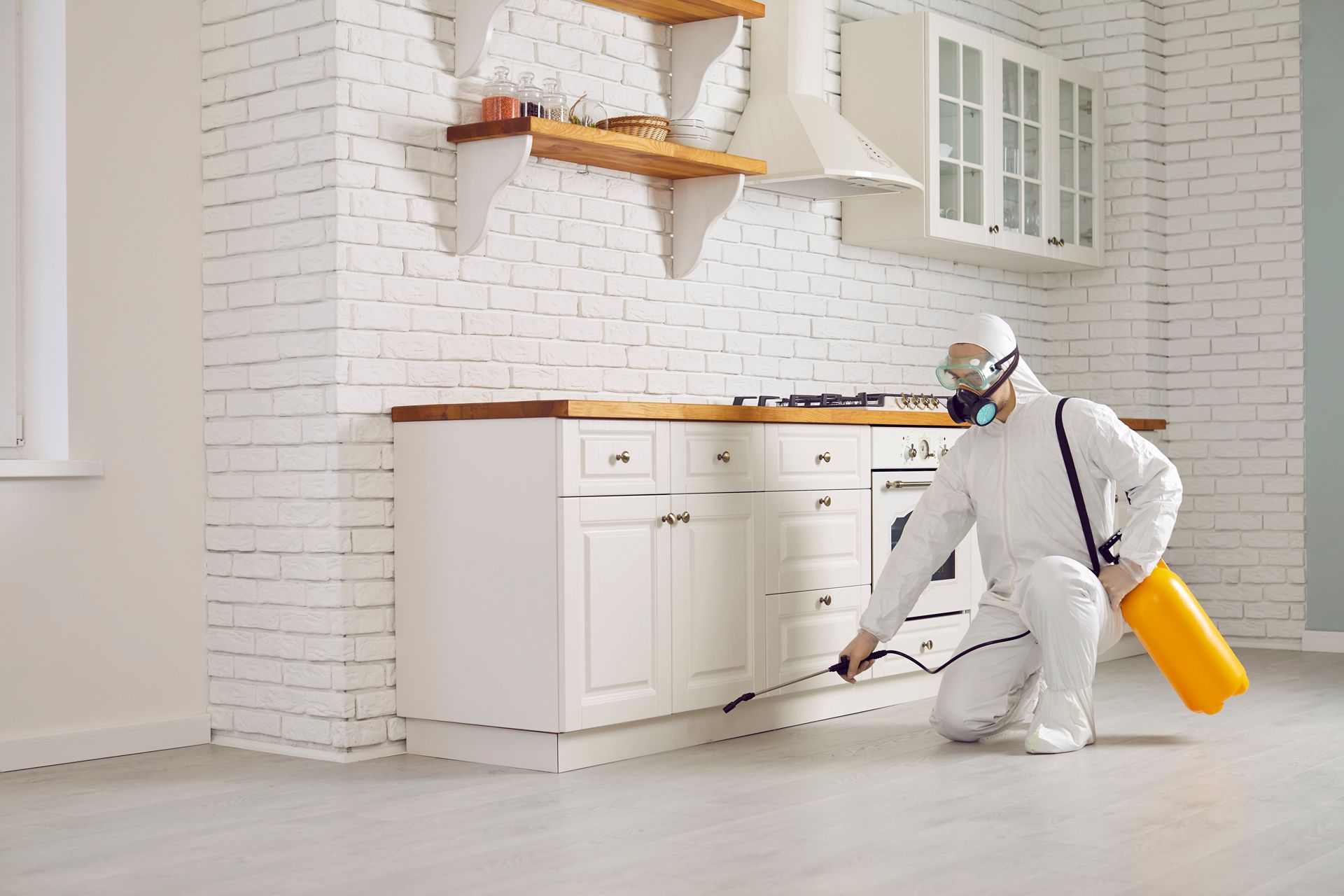 A Man in a Protective Suit is Spraying Insecticide in a Kitchen