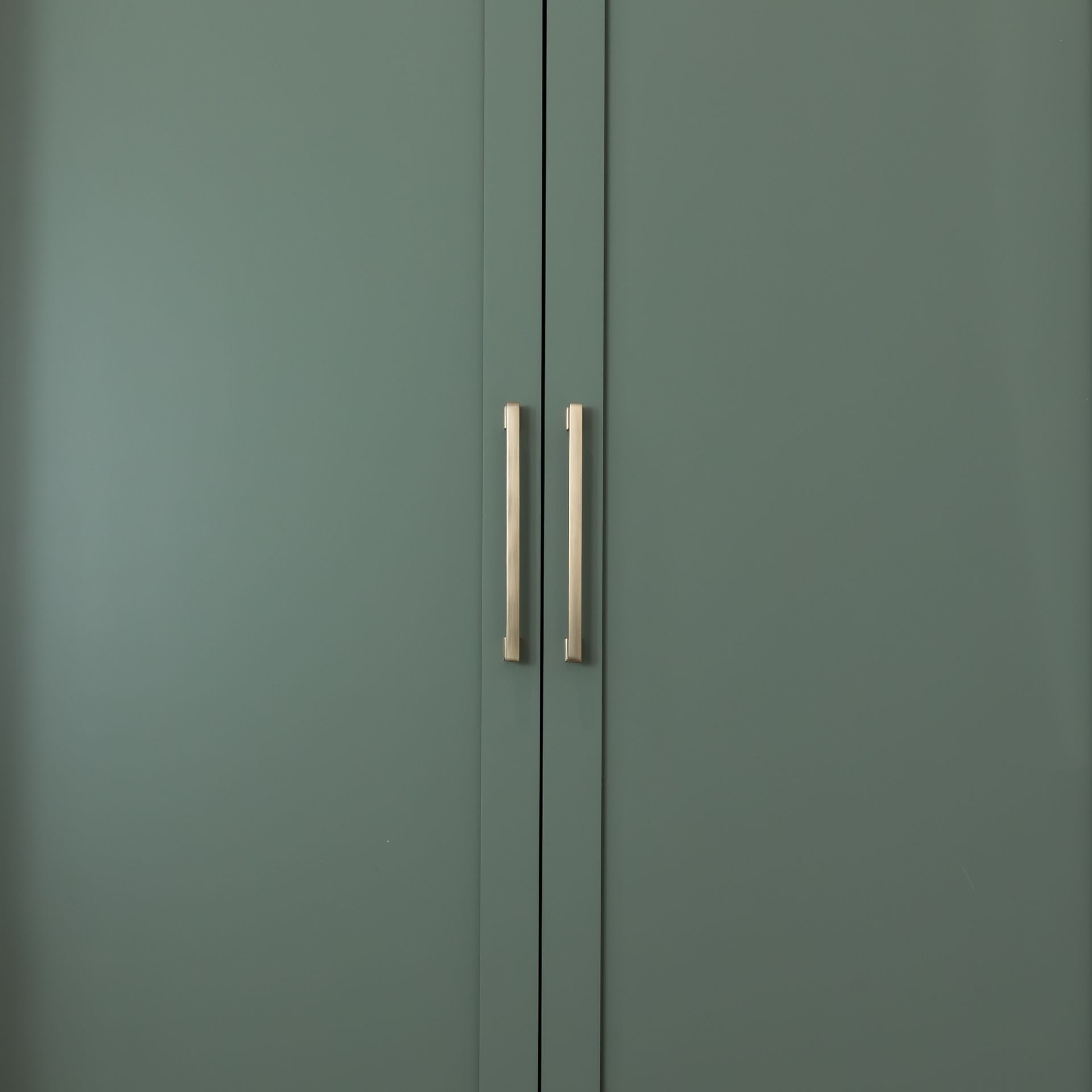 Green cabinet doors with brushed gold handles.