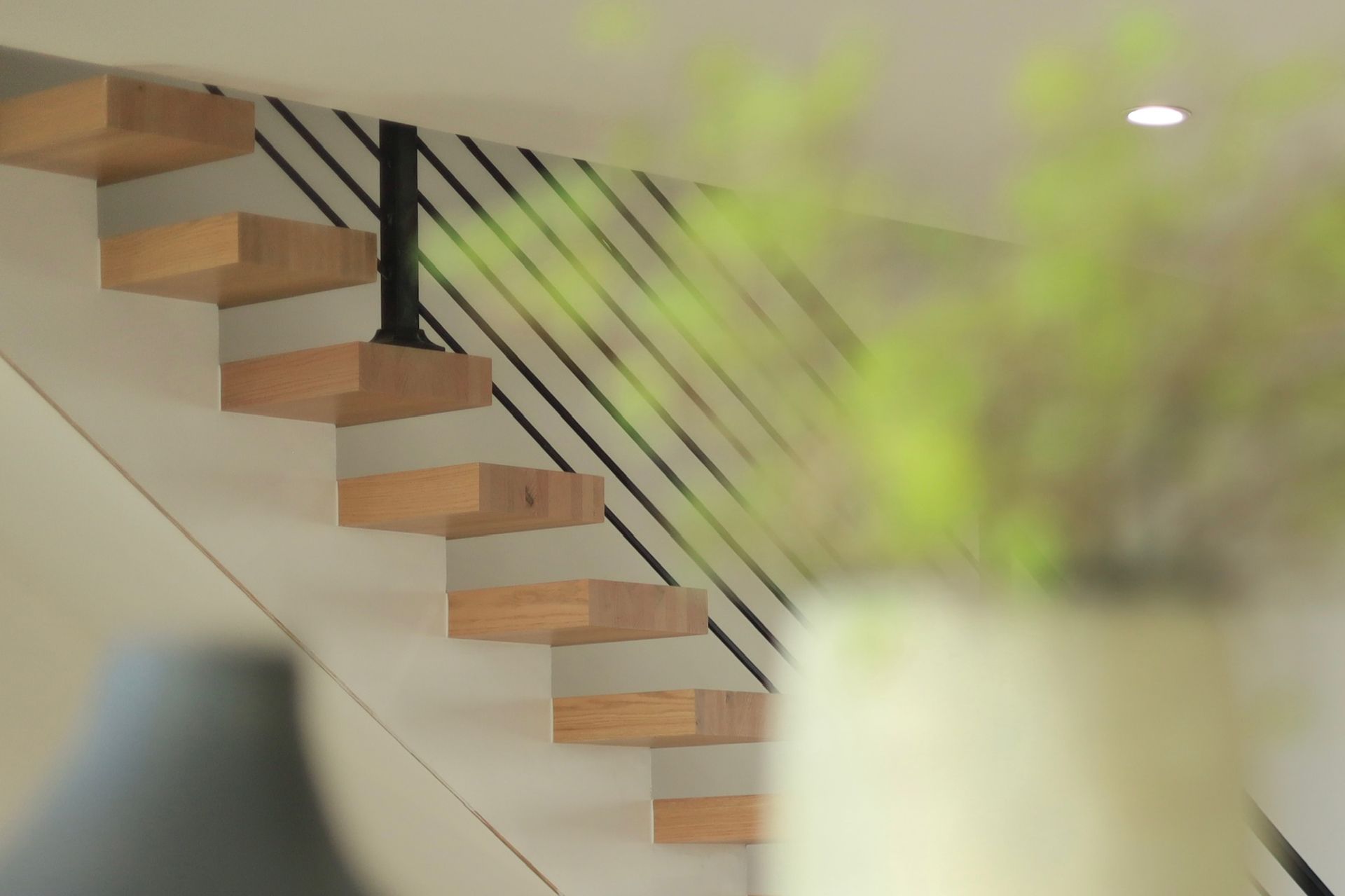 Wooden floating staircase with black railing, next to a vase with green foliage.