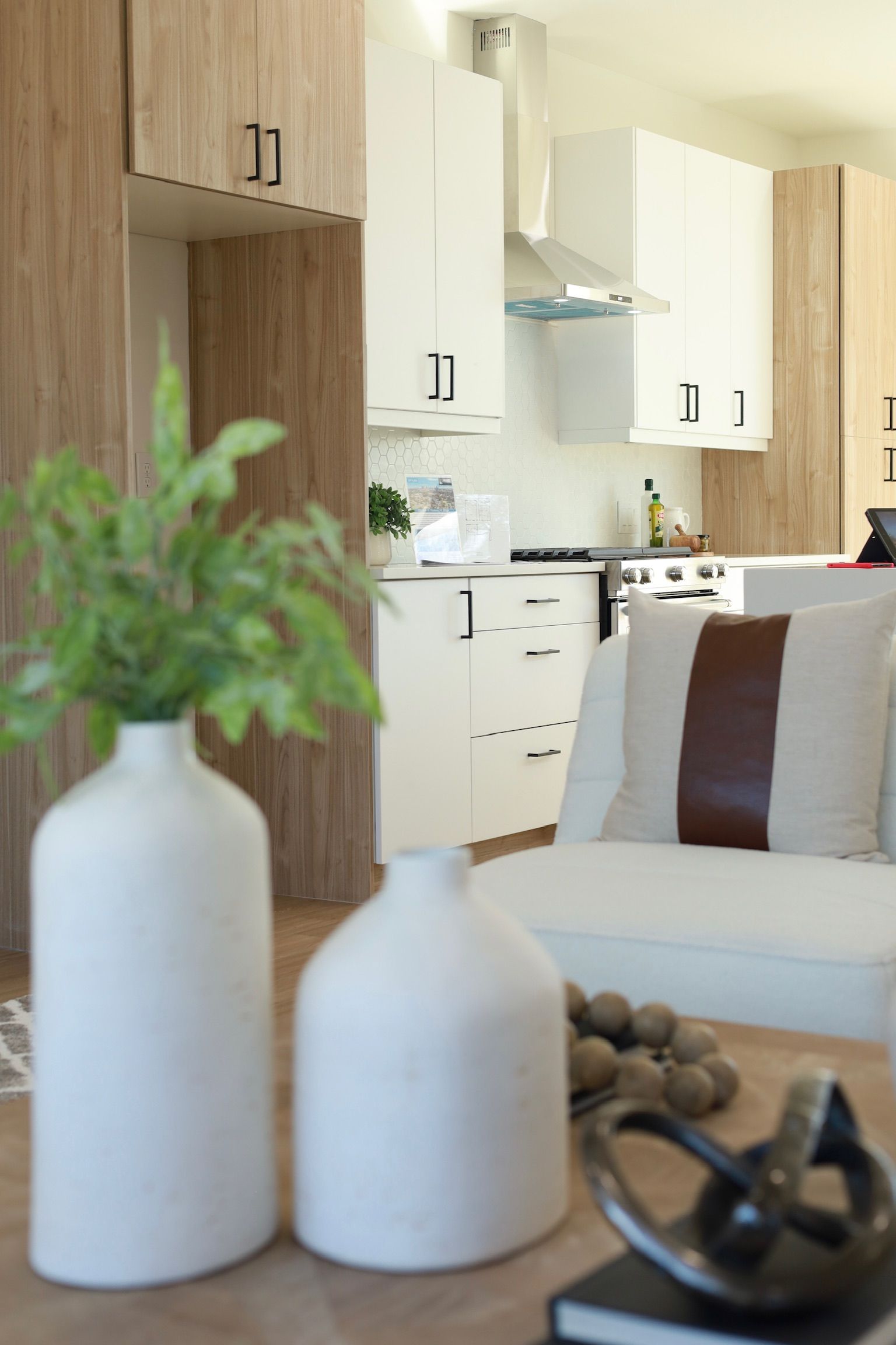 Living room with white vases, sofa, and kitchen in the background; light wood and white cabinets.