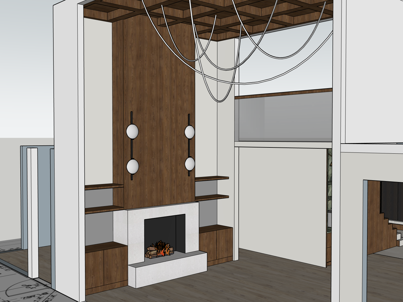 Interior rendering of a modern living room with a fireplace, wooden accent wall, and hanging light fixture.