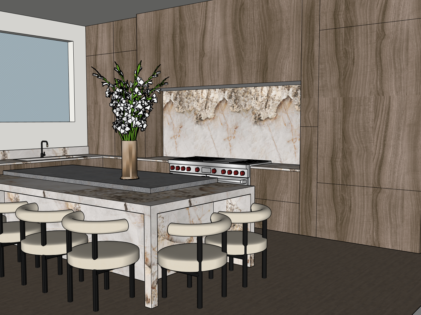 Bar area with marble countertop, antique mirror backsplash, and decorative items.