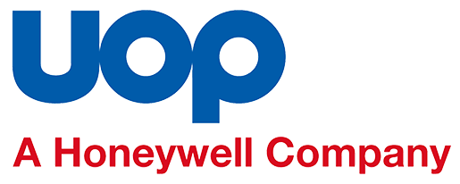A blue and red logo for uop a honeywell company