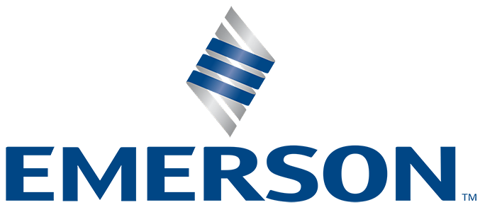 The logo for emerson is blue and silver