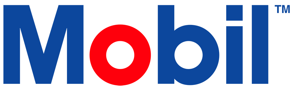 A blue and red logo for mobil on a white background