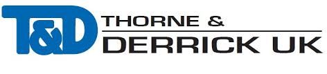 The logo for thorne & derrick uk is blue and black.