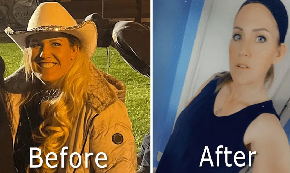 Woman before and after weight loss; cowboy hat and jacket to tank top, change in face shape.