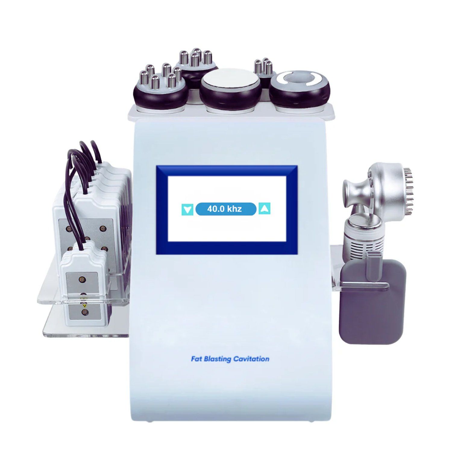White medical device with various applicators for fat reduction, featuring a screen.