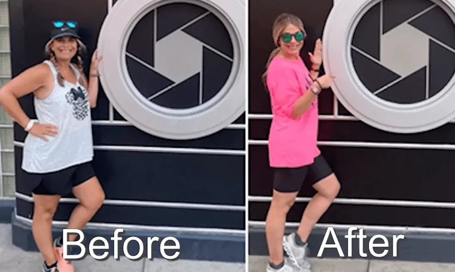 Before & after photos of a woman, standing next to a camera lens. She wears athletic clothes and smiles in both.