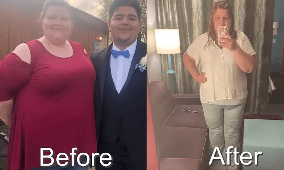 Woman before and after weight loss: Before, in red shirt with son; After, in jeans.