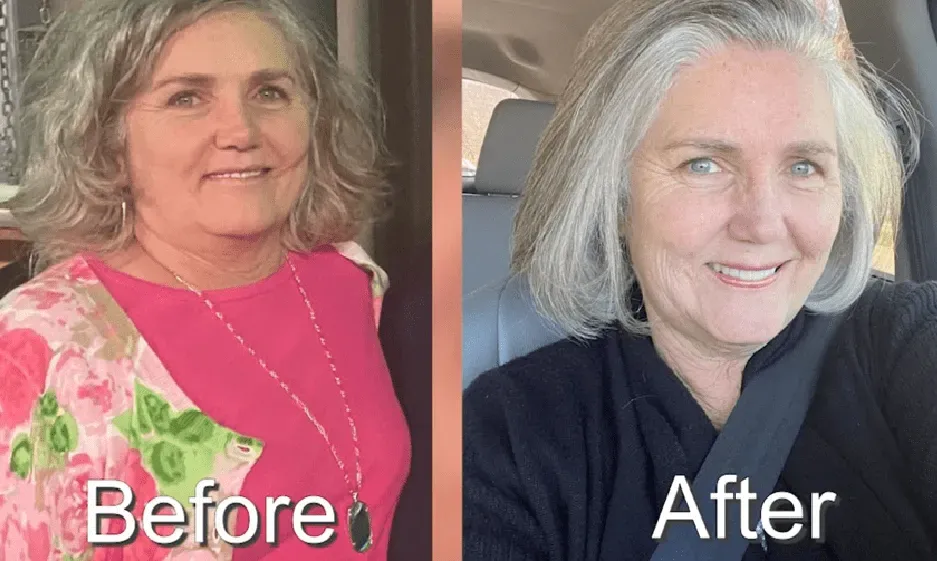 Side-by-side comparison: Woman smiles, before wearing pink, after wearing black, in car.