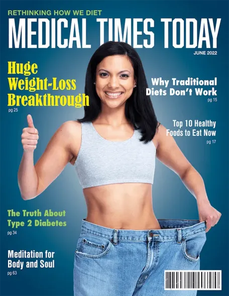 Magazine cover: woman in loose jeans, showing weight loss. Headlines: 