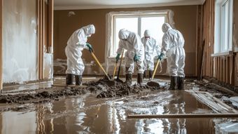 People in protective suits removing debris from a flooded room with shovels.