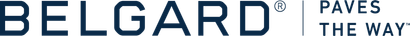 A blue and white logo for belgard paves the way