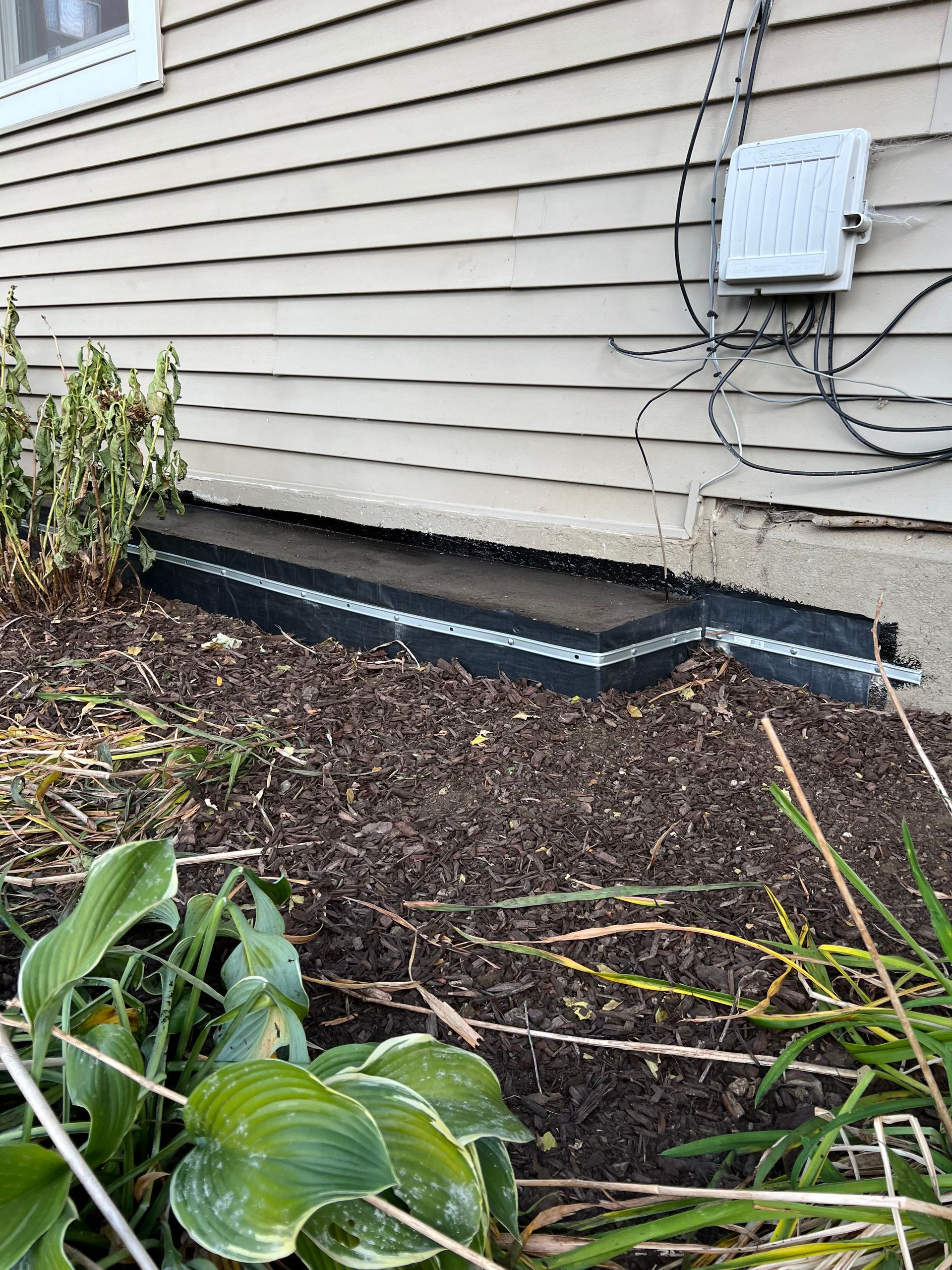 A foundation planting bed with dark mulch is nestled against a light-colored house. A network box is mounted above.