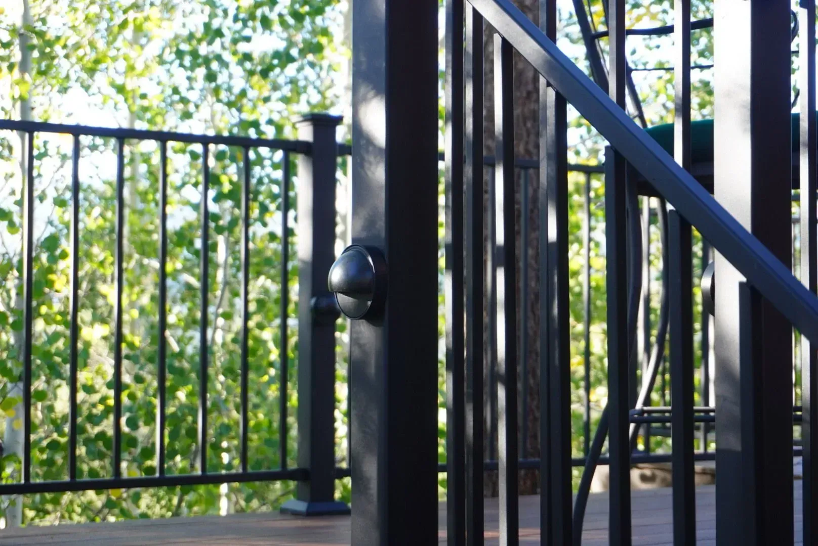 Black metal railing on a deck, blurred green trees in the background.