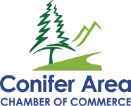 Logo for Conifer Area Chamber of Commerce: green pine trees, mountains, and flowing water above the name in blue.