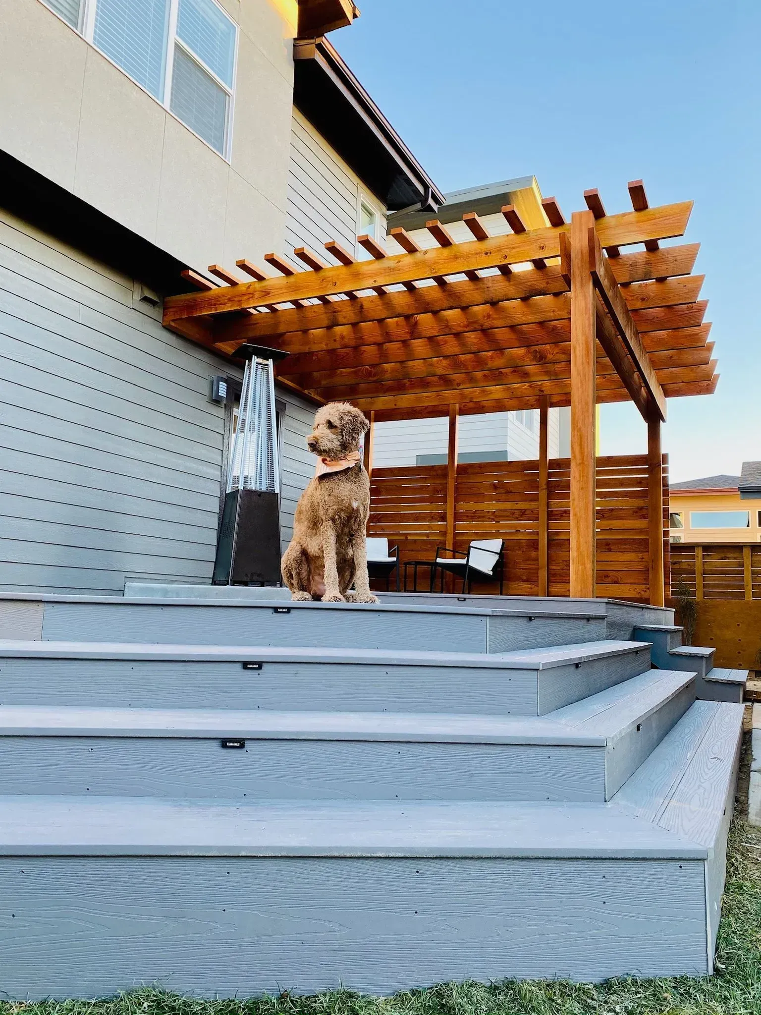Dog sits on steps leading to wooden patio with pergola, a heater, and a white bench.