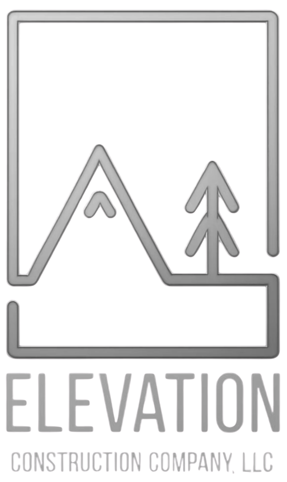 Logo of Elevation Construction Company: silver outline of mountain and tree within a square, black background, text below.