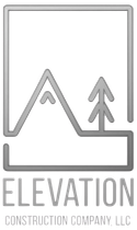 Logo of Elevation Construction Company: silver outline of mountain and tree within a square, black background, text below.