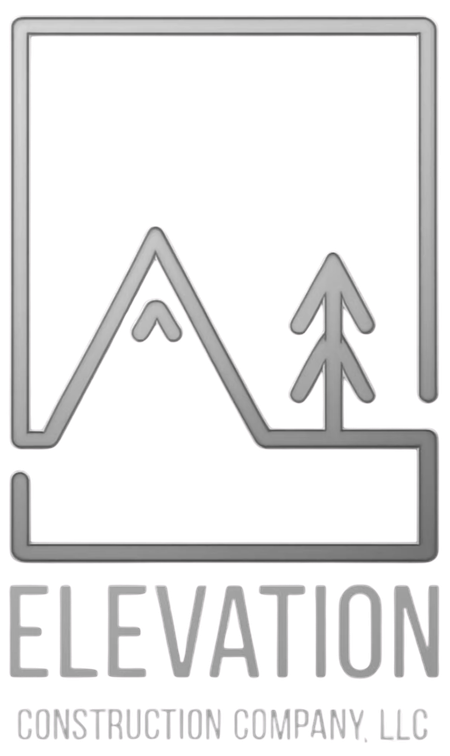 Logo for Elevation Construction Company, LLC, with a silver outline of a mountain, tree, and rectangle on a black background.