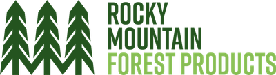 Logo for Rocky Mountain Forest Products with green trees and text.