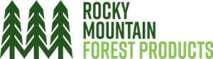 Logo for Rocky Mountain Forest Products with green trees and text.