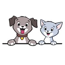 A dog and a cat are sitting next to each other on a white background.