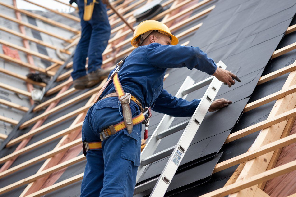 Two construction workers are working on the roof of a building.