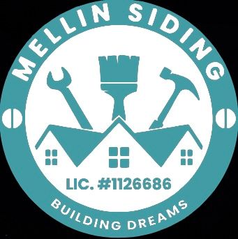 Mellin Siding logo with teal roof, tools, and &ldquo;Building Dreams&rdquo; text
