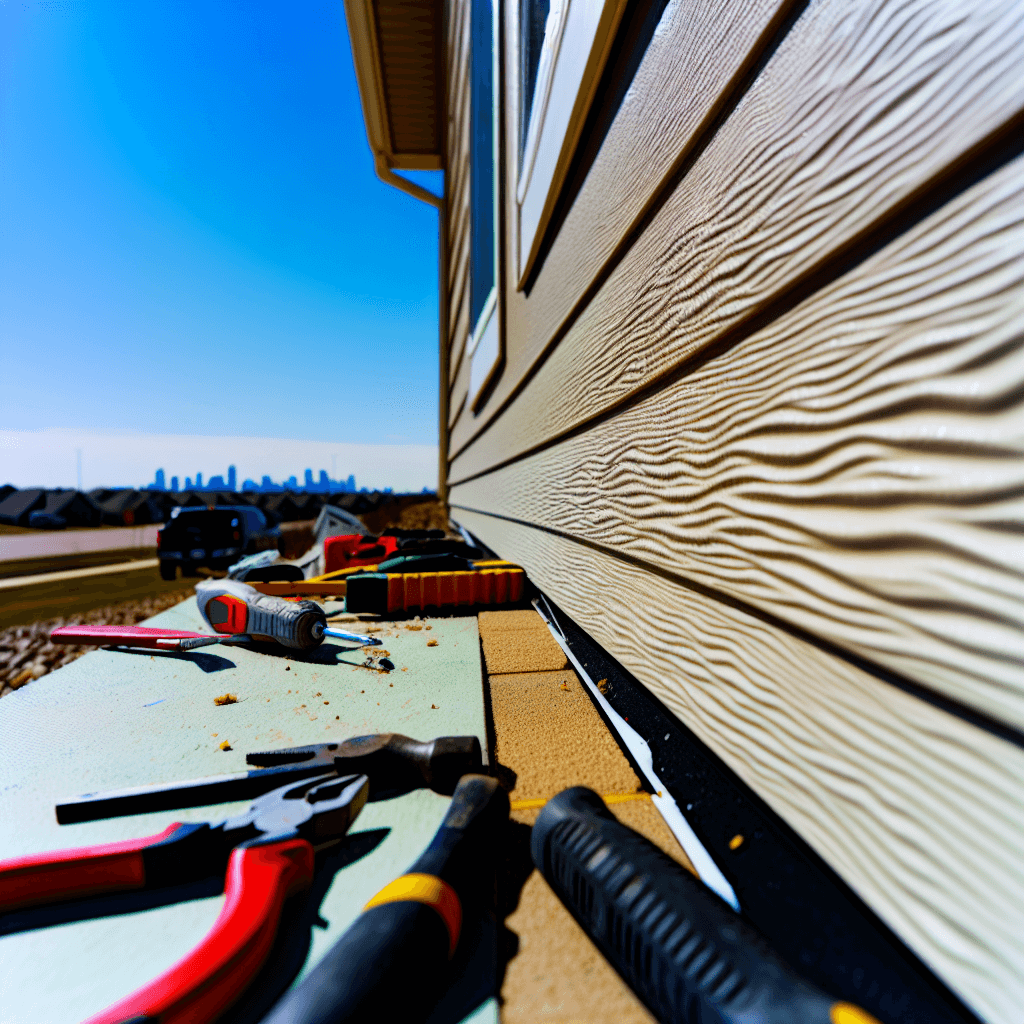 Tools on a workbench beside a beige house, with city skyline in the distance.