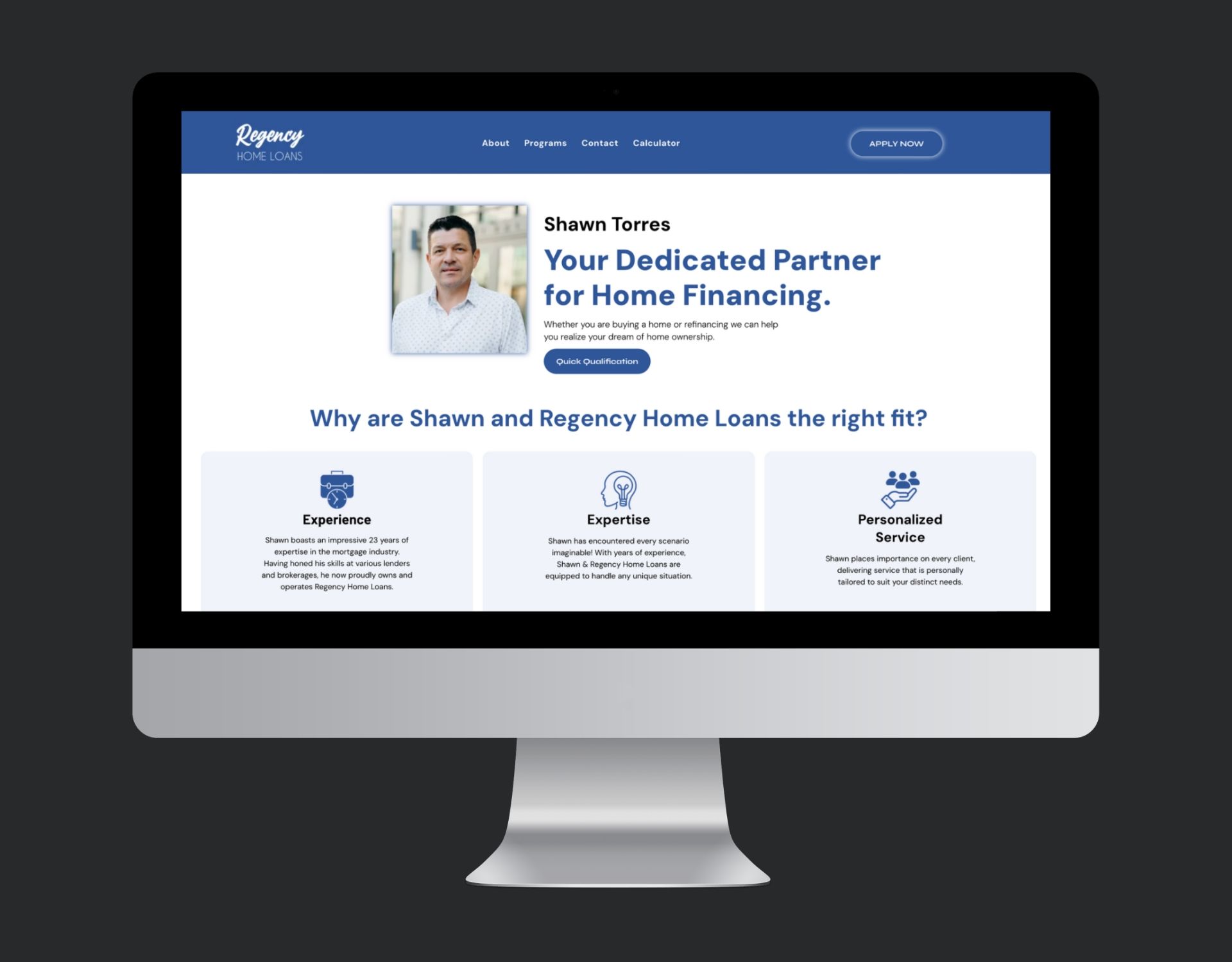 A computer screen shows a website for a dedicated partner for home financing