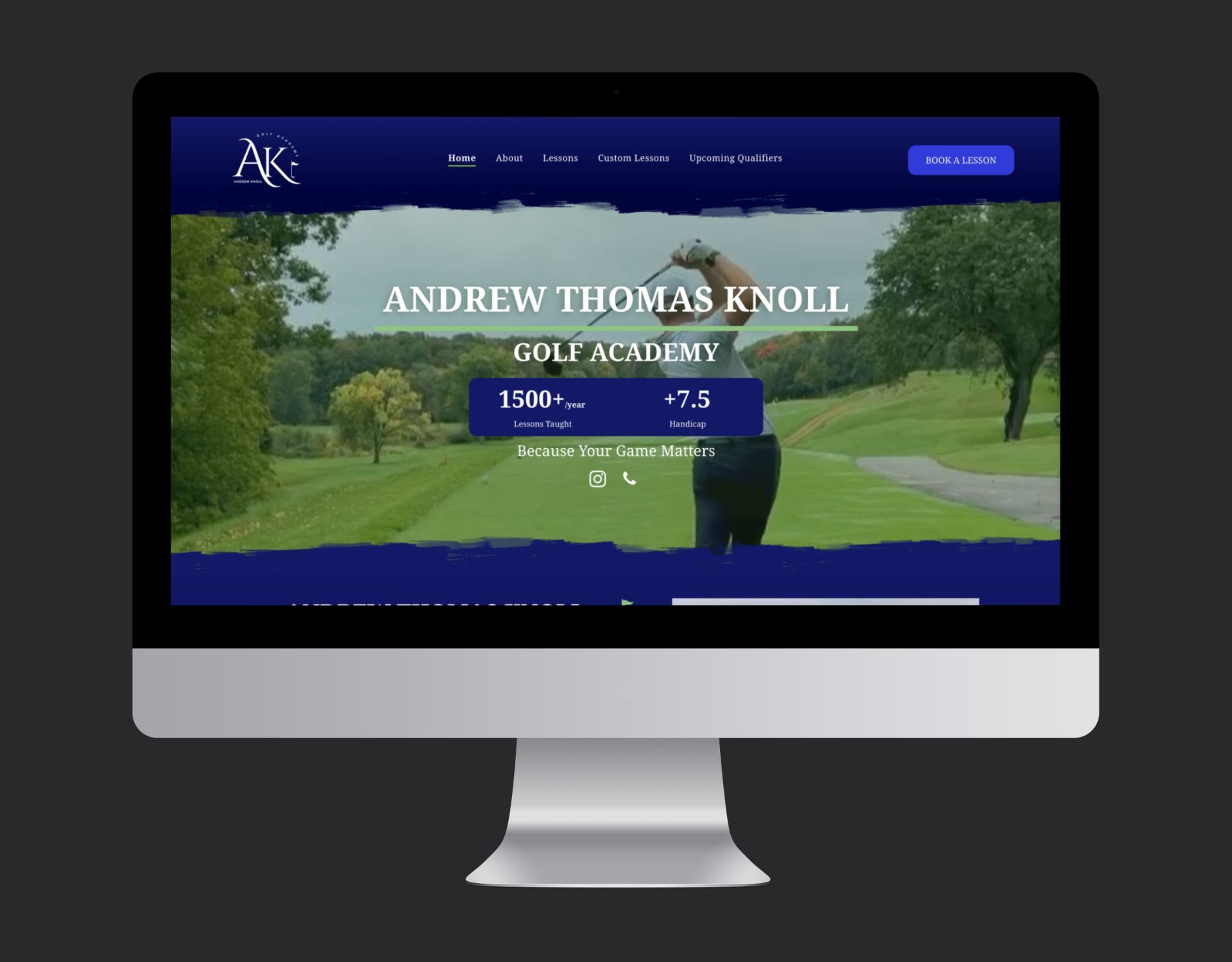 A computer monitor displays the website for andrew thomas knoll golf academy