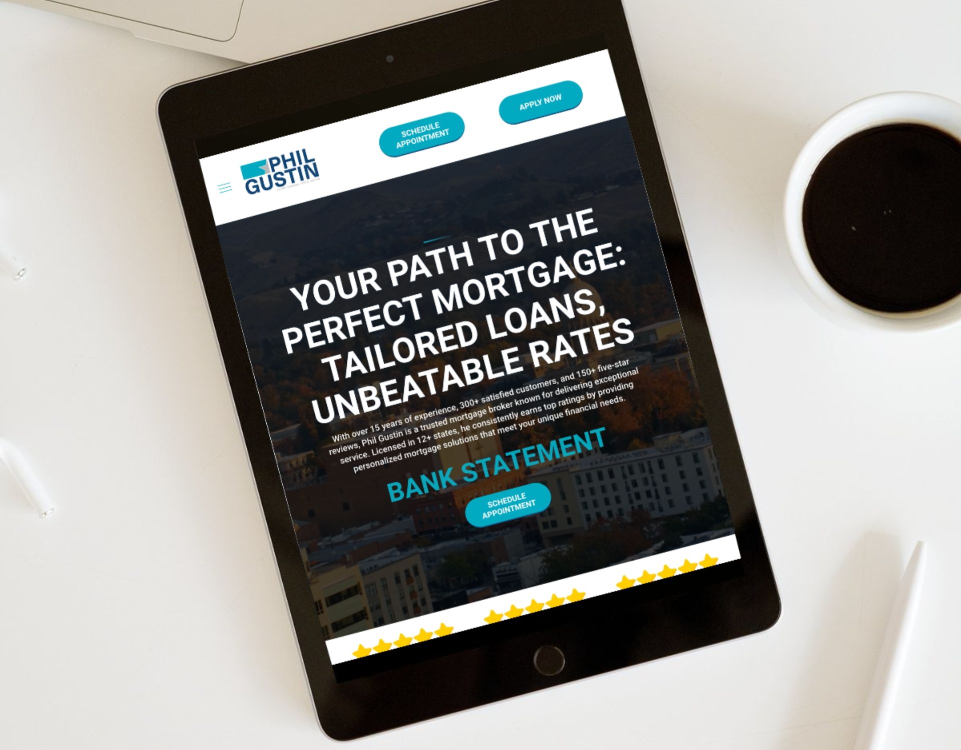 A tablet is sitting on a table next to a cup of coffee.