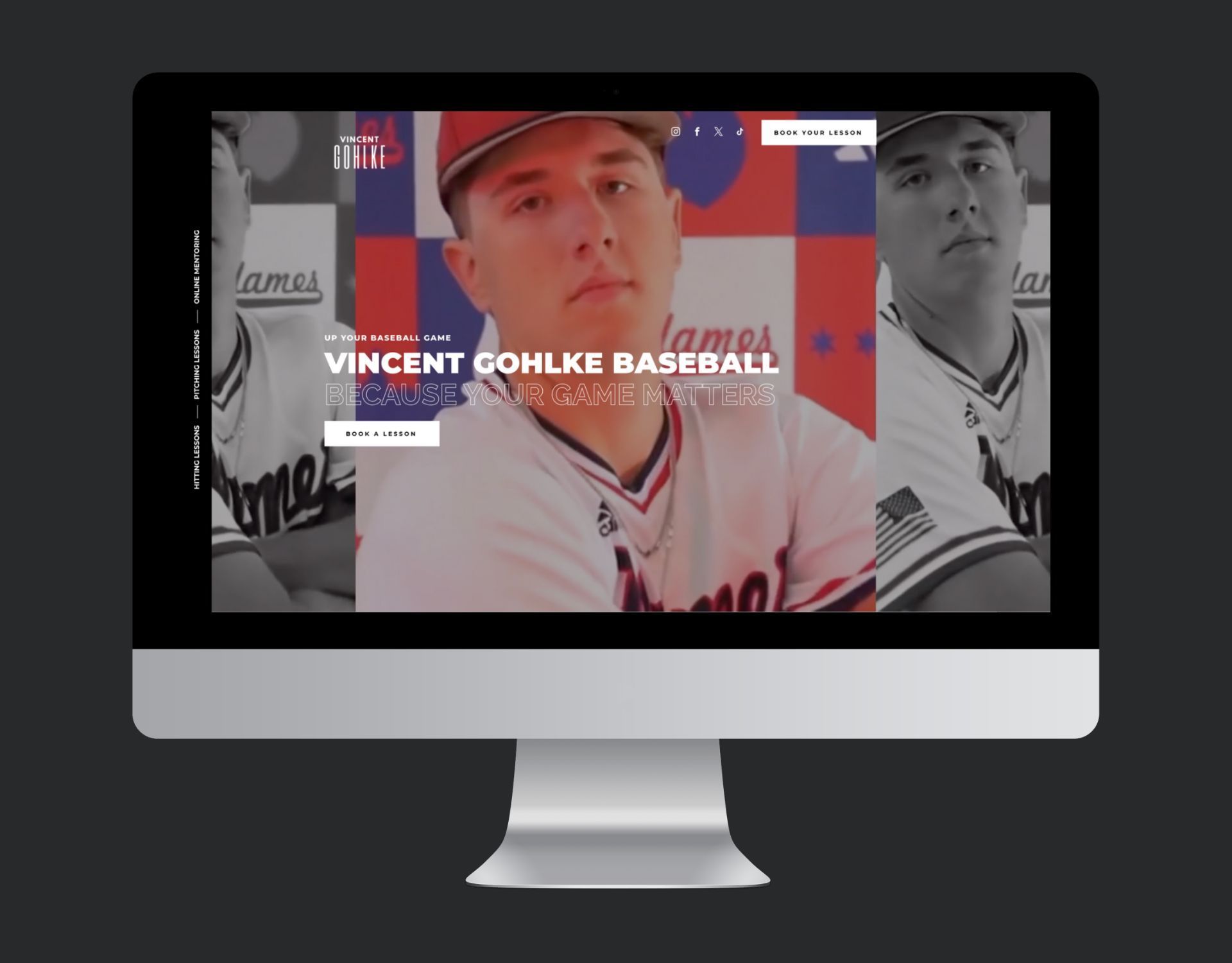 A computer monitor with a baseball player on the screen