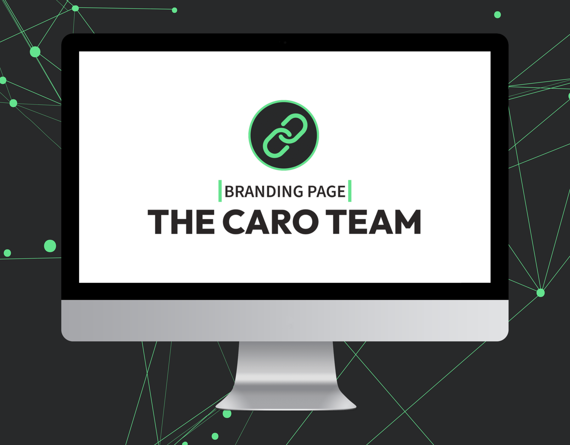 A computer monitor with a branding page for the caro team on it.