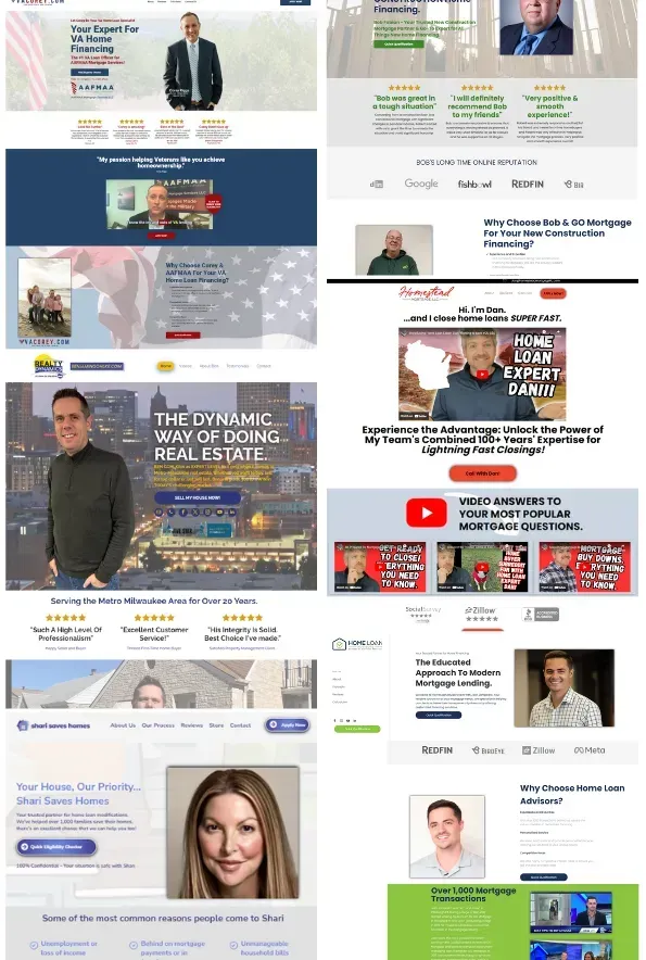A collage of real estate websites with a man and a woman on them.